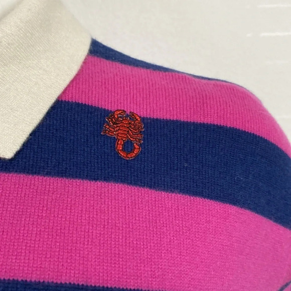 Bacca Da Silva NEW Cashmere Polo Shirt Striped Large Chest Logo Pink/Navy Size M - Picture 3 of 9